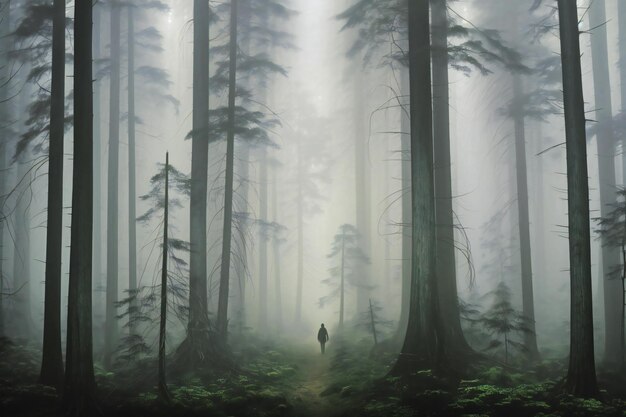 Silhouette of a man walking in a misty forest