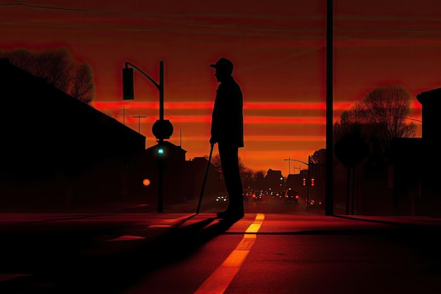 Silhouette of a man walking on the street with the help of a cane during sunset