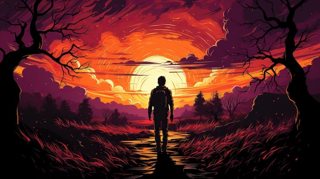 The silhouette of a man walking through the forest against the background of sunset