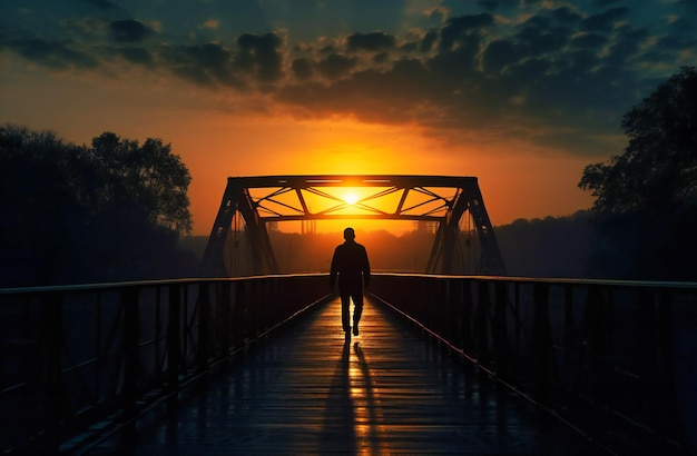 Premium Photo | Silhouette of man walking up to bridge on beautiful sunrise