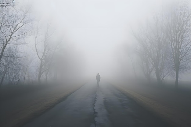 霧の多い秋または冬のアスファルト道路の背面図を一人で歩く男のシルエット孤独と憂鬱のコンセプト