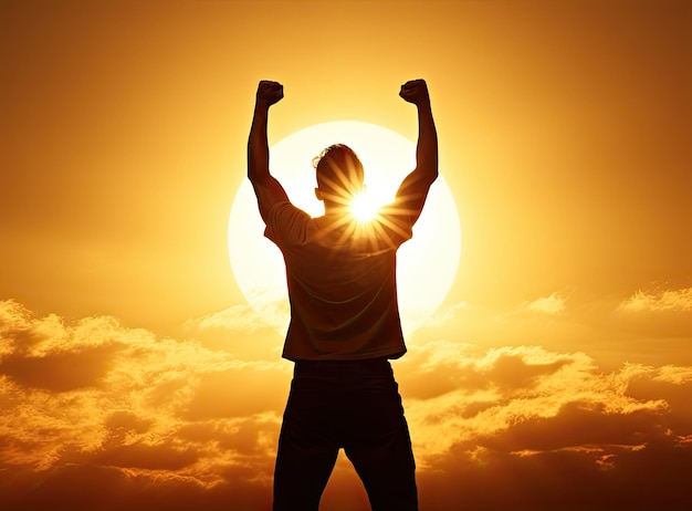 Silhouette of a man with arms raised victory and success concept