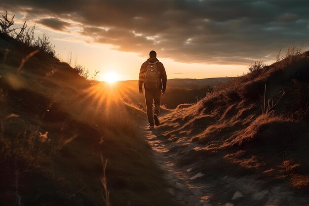 Foto siluetta di un uomo con uno zaino che cammina su un sentiero di montagna al tramonto