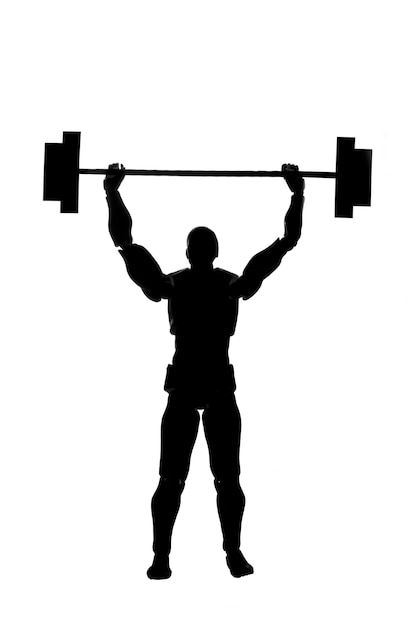 Photo silhouette of a man with a barbell in his hands on a white background