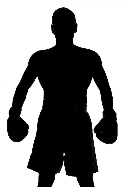 Silhouette of a man with boxing gloves is posing.