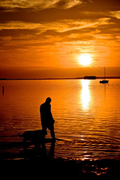 Foto silhouette uomo con cane in piedi in mare contro il cielo durante il tramonto