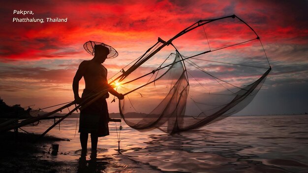 Photo silhouette of man with fish nets in morning at pakpra phatthalung thailand