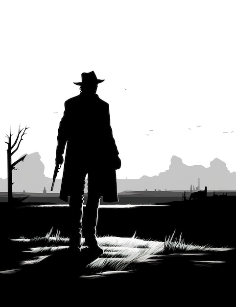 Photo a silhouette of a man with a gun in a field generative ai image