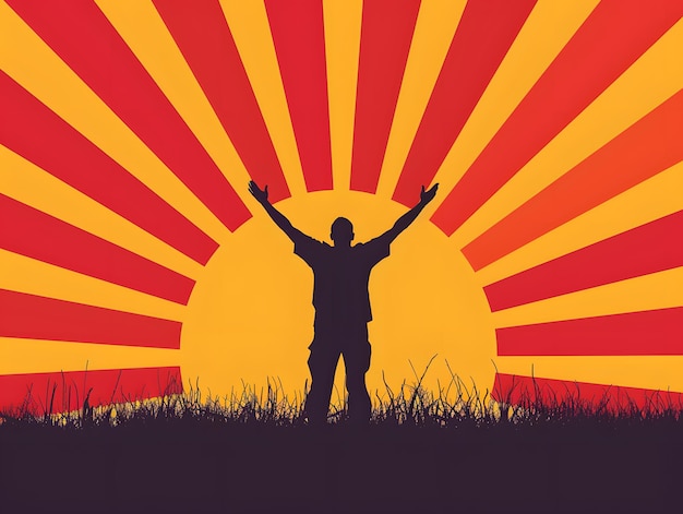 Photo silhouette of a man with raised hands on a sunset background