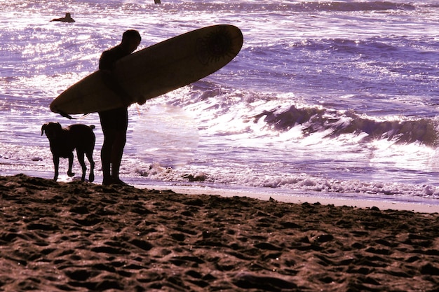 Photo silhouette man with surfboard standing by dog at beach