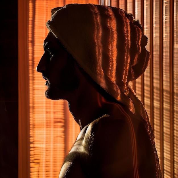 Foto silhouette di un uomo con un asciugamano in un'illuminazione drammatica
