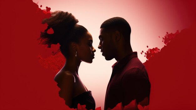 Silhouette of man and woman facing each other on red background AI Generated Content