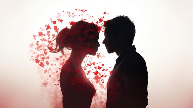 Foto silhouette di un uomo e una donna di fronte l'uno all'altro con cuori rossi che galleggiano