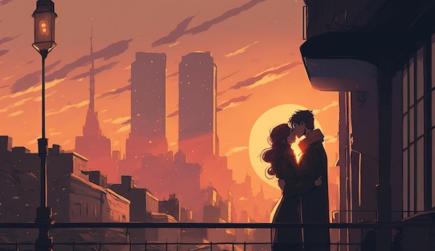 Silhouette of a man and woman kissing at sunset Generative AI