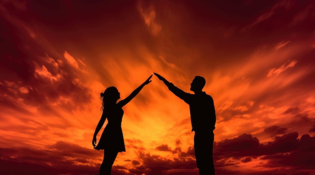 Silhouette of a man and a woman reaching out to each other in the sunset sky