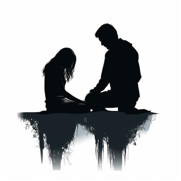 silhouette of a man and woman sitting on a rock with a reflection of trees generative ai