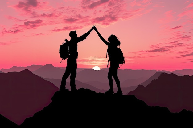 Silhouette of a man and woman on the top of the mountain at sunset