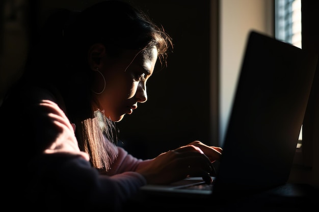 Silhouette of a man working in a laptop while sitting at home Generative ai