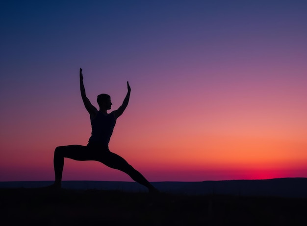 Silhouette of a man in a yoga pose against a sunset background Beautiful sky