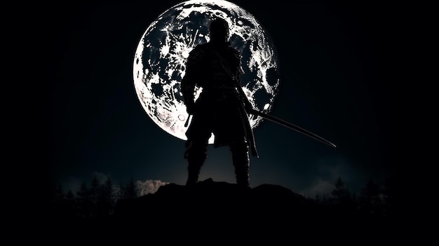 Silhouette of medieval knight in armor with sword against night backgroundgenerative ai