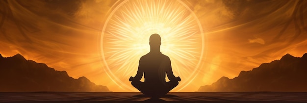 太陽の背景にある瞑想のシルエット 夕暮れに瞑想する男性