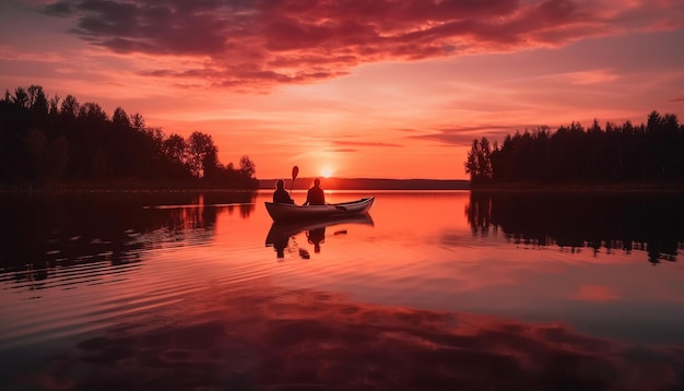 Silhouette of men canoeing in tranquil sunset generated by AI