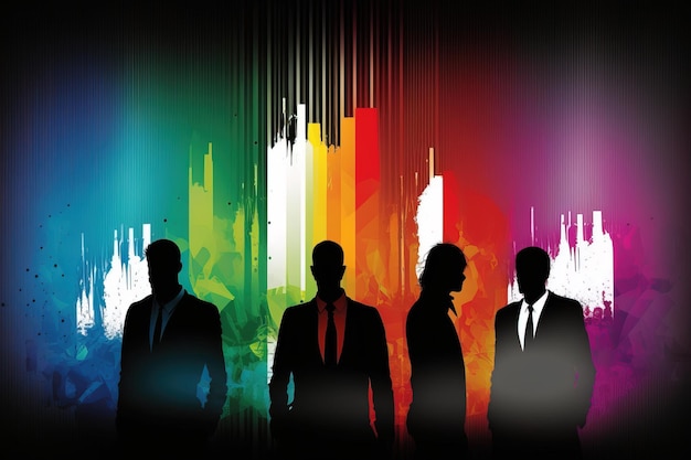 A silhouette of men standing in front of a colorful cityscape.