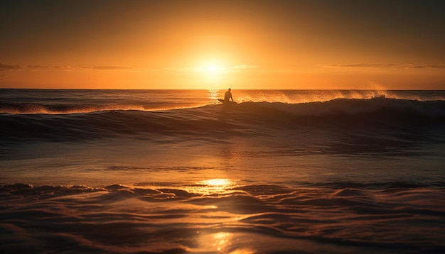 Silhouette of men and women surfing waves generated by AI