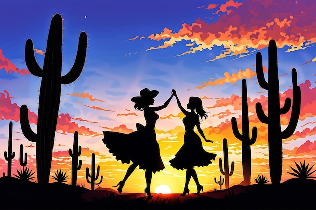 Silhouette of a Mexican ladies dancing on the cinco de mayo in the desert sunset ai generated