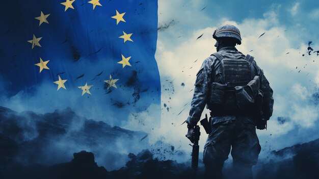 Photo silhouette of military soldier shot holding gun colorful sky concept of a terrorist silhouette terrorists with rifle national flag on background european union eu generative ai