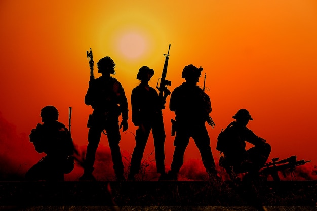 The silhouette of a military soldier with the sunset