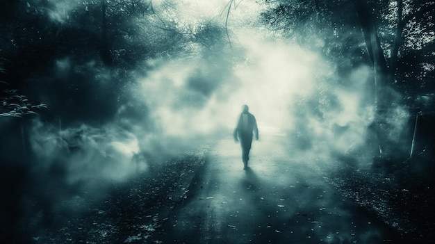 silhouette in misty forest path mystical mood