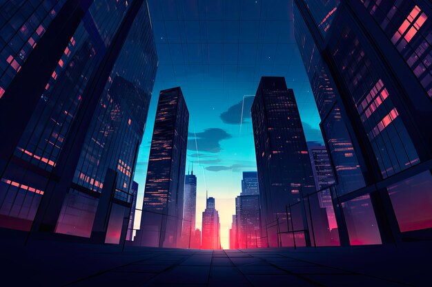 Photo silhouette of modern business center skyscraper at twilight with abstract street view and upward