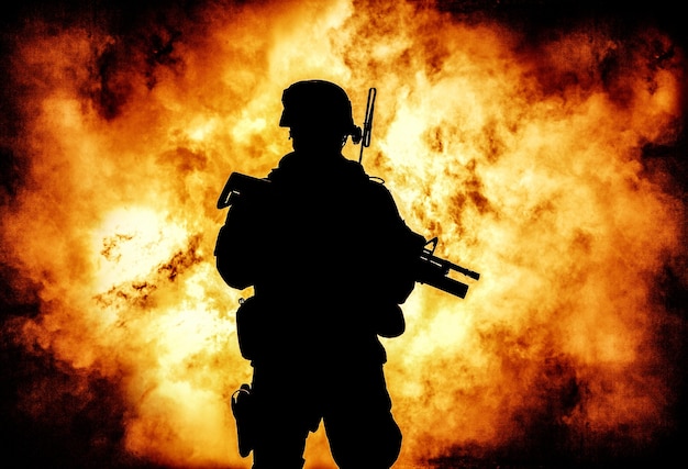 Силуэт современного пехотного солдата, элитного армейского бойца в тактических боеприпасах и шлеме, стоящего с штурмовой винтовкой в руках на фоне огненного взрыва. Пылающий огонь военного конфликта