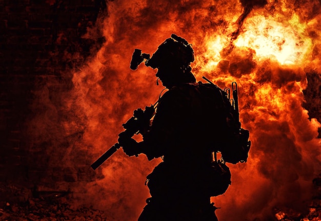 Foto silhouette del soldato di fanteria moderno combattente dell'esercito d'élite in munizioni tattiche e casco in piedi con il fucile di servizio d'assalto nelle mani sullo sfondo di un'esplosione ardente fuoco ardente del conflitto di guerra