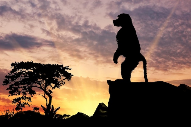 Silhouette monkey baboon on the hill at sunset savanna