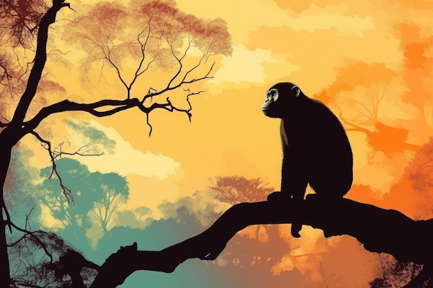 Silhouette of monkey at sunset Animal in wild nature Generative AI