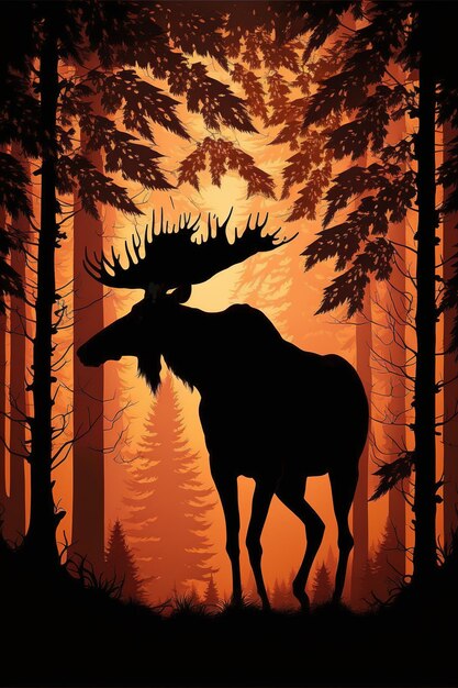 Silhouette of moose in the foggy misty forest at dawn. digital art illustrations