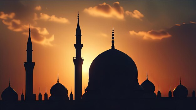 Silhouette of Mosque Building With Sunset for Eid alFitr Background