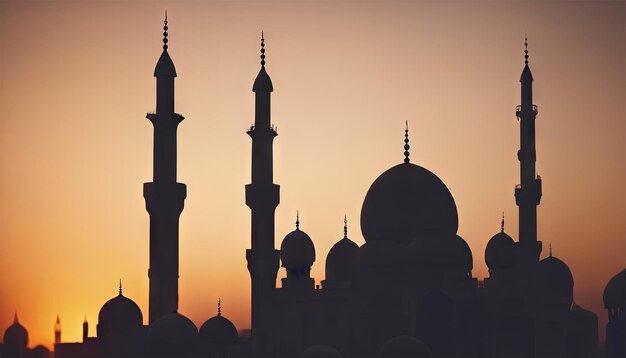 Silhouette of Mosque Building With Sunset for Eid alFitr Background