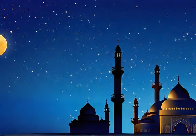 Photo silhouette of mosque for islamic event dayramadan kareem card with dark bluegold and redevening w
