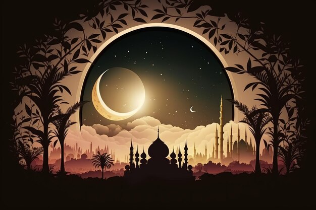 A silhouette of a mosque and the moon