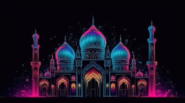 The silhouette of a mosque in the night sky with a crescent moonislamic style banner for product