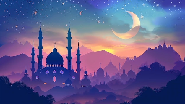 Silhouette of a mosque at night with stars and a bright moon