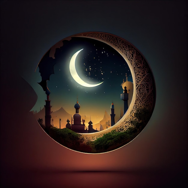 Silhouette of a mosque in a vase with moon