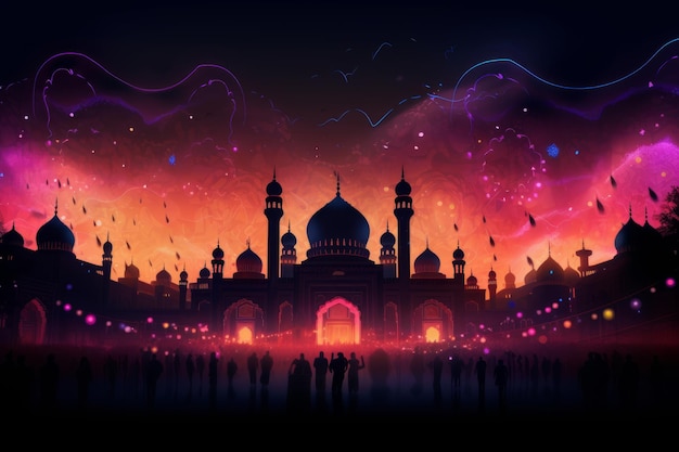 Silhouette of a mosque with colorful lights for Mawlid festivities