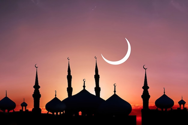 Silhouette of a mosque with a crescent moon in the background