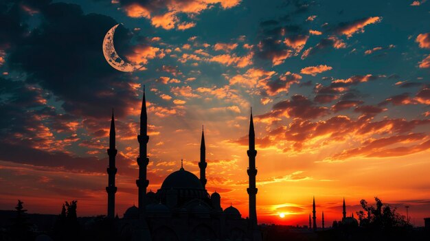 Photo silhouette of mosque with crescent moon and clouds at sunset ramadan background banner