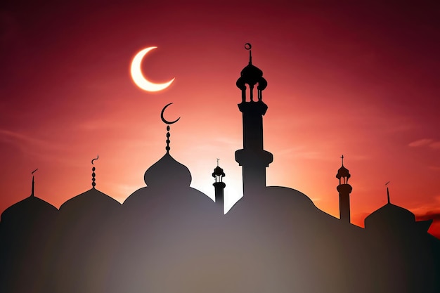 A silhouette of a mosque with a crescent moon and a crescent moon.