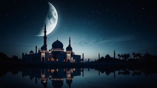 Silhouette of a mosque with Crescent Moon Ramadan Kareem background